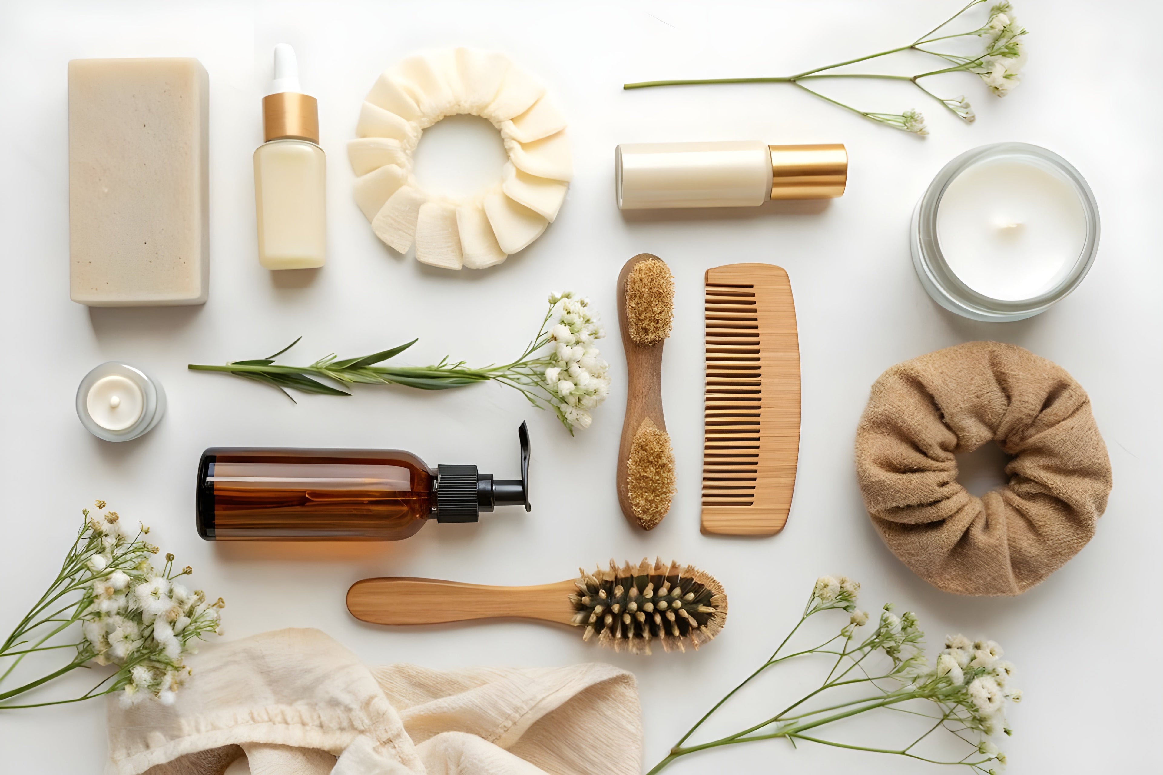 Collection of natural beauty products including bottles, soap, and hair care items on a white background with flowers.